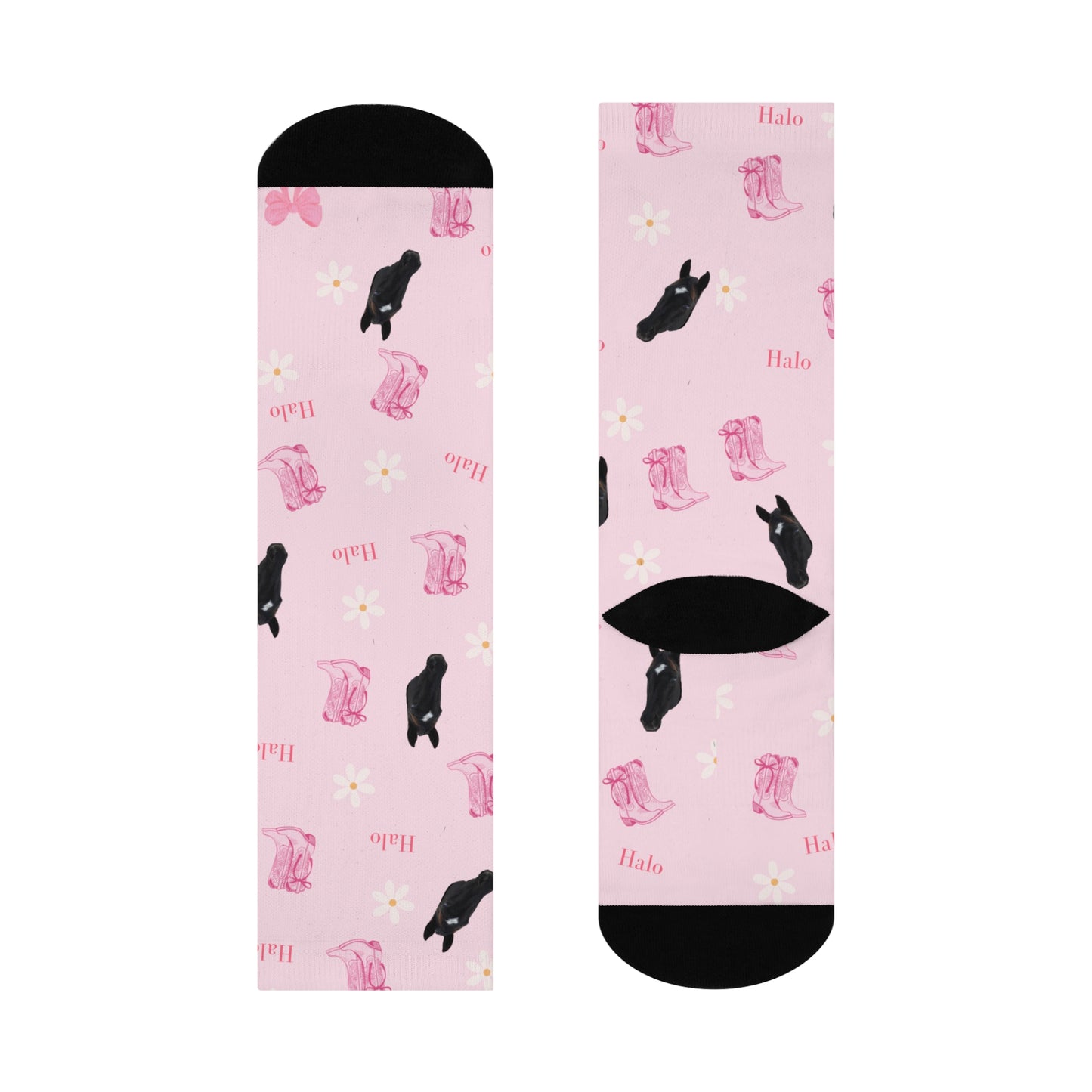Pink Floral Horse Crew Socks — 'Halo' Black Horse Pattern Cushioned Socks