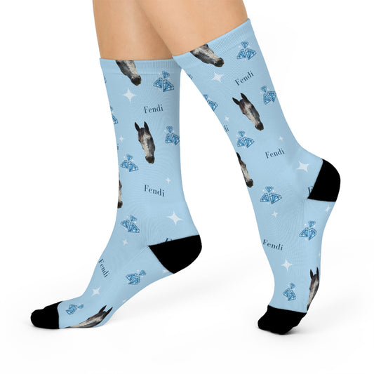 Blue Custom Crew Socks — Personalized Pet Face Pattern with Name