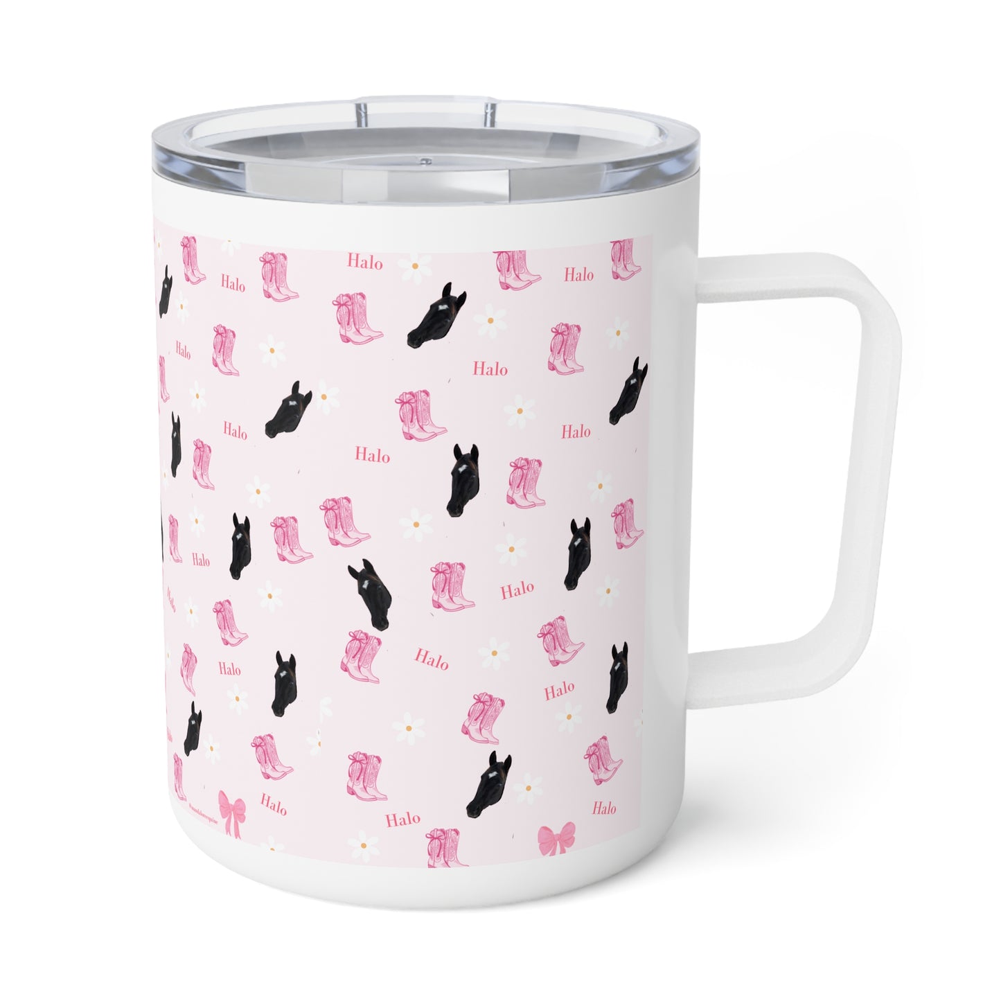 10oz Insulated Coffee Mug — Cute Pink Western Boots & Black Cat Pattern
