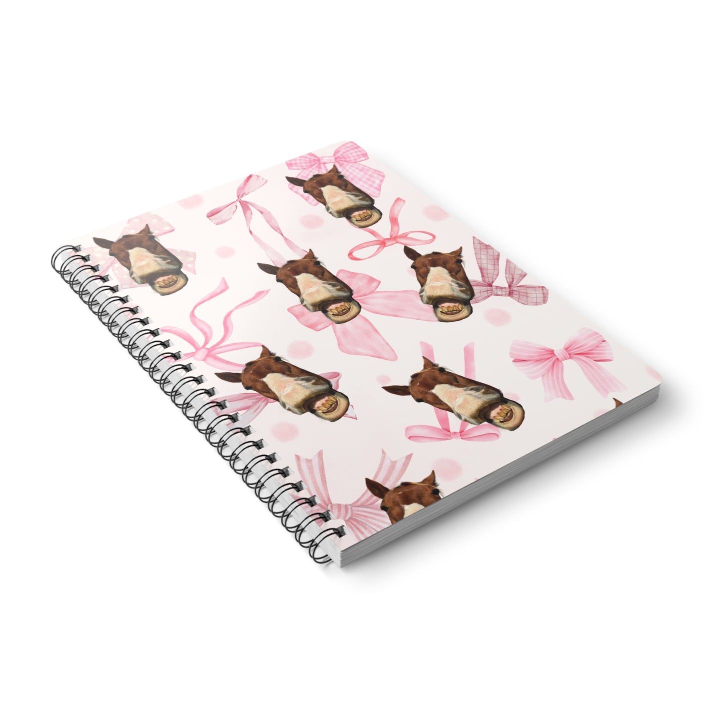 Horse Face & Pink Bows A5 Spiral Notebook — Cute Equine Pattern Journal