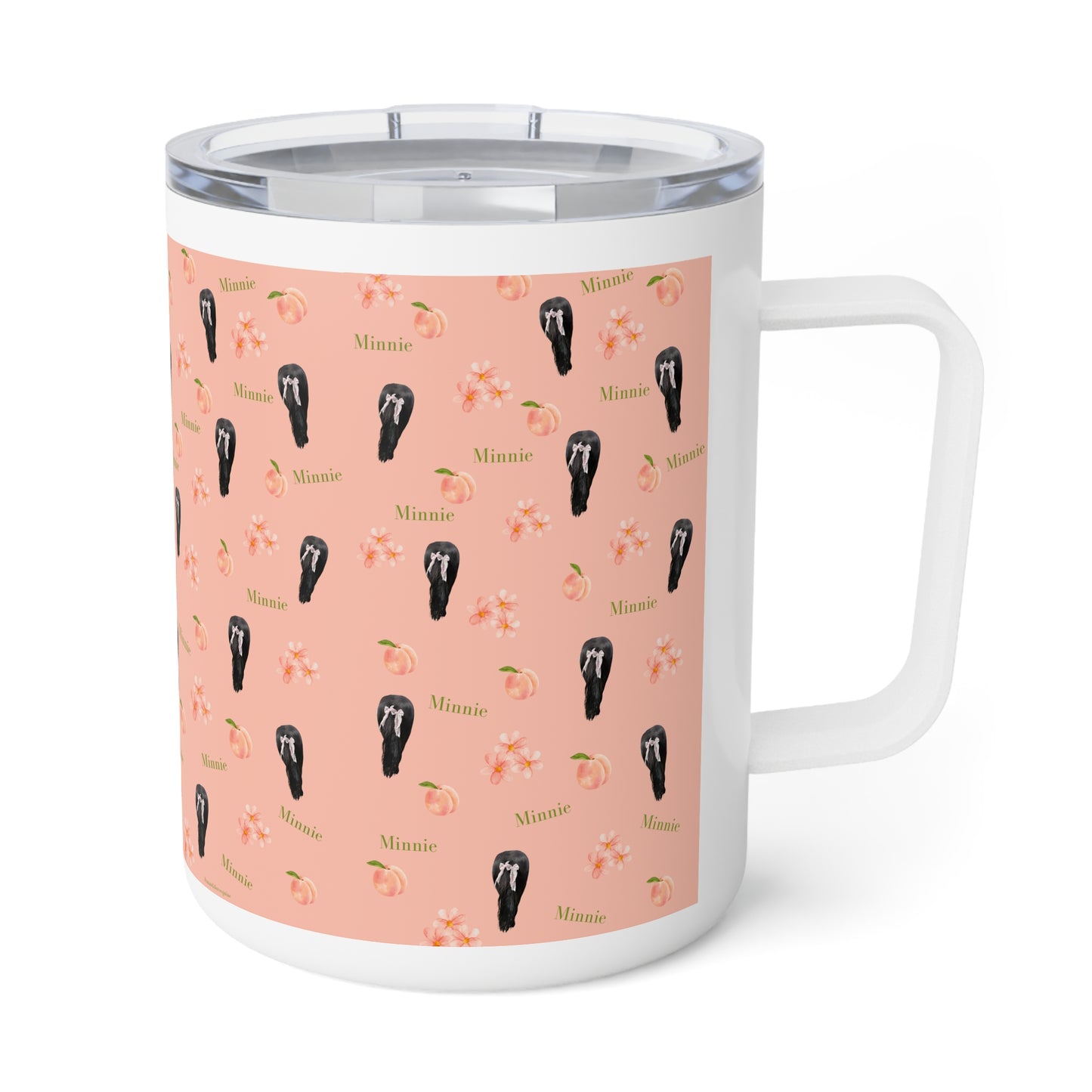 10oz Insulated Coffee Mug — Floral & Black Rose Pattern (Minnie Text)