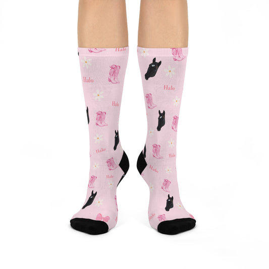 Pink Floral Horse Crew Socks — 'Halo' Black Horse Pattern Cushioned Socks