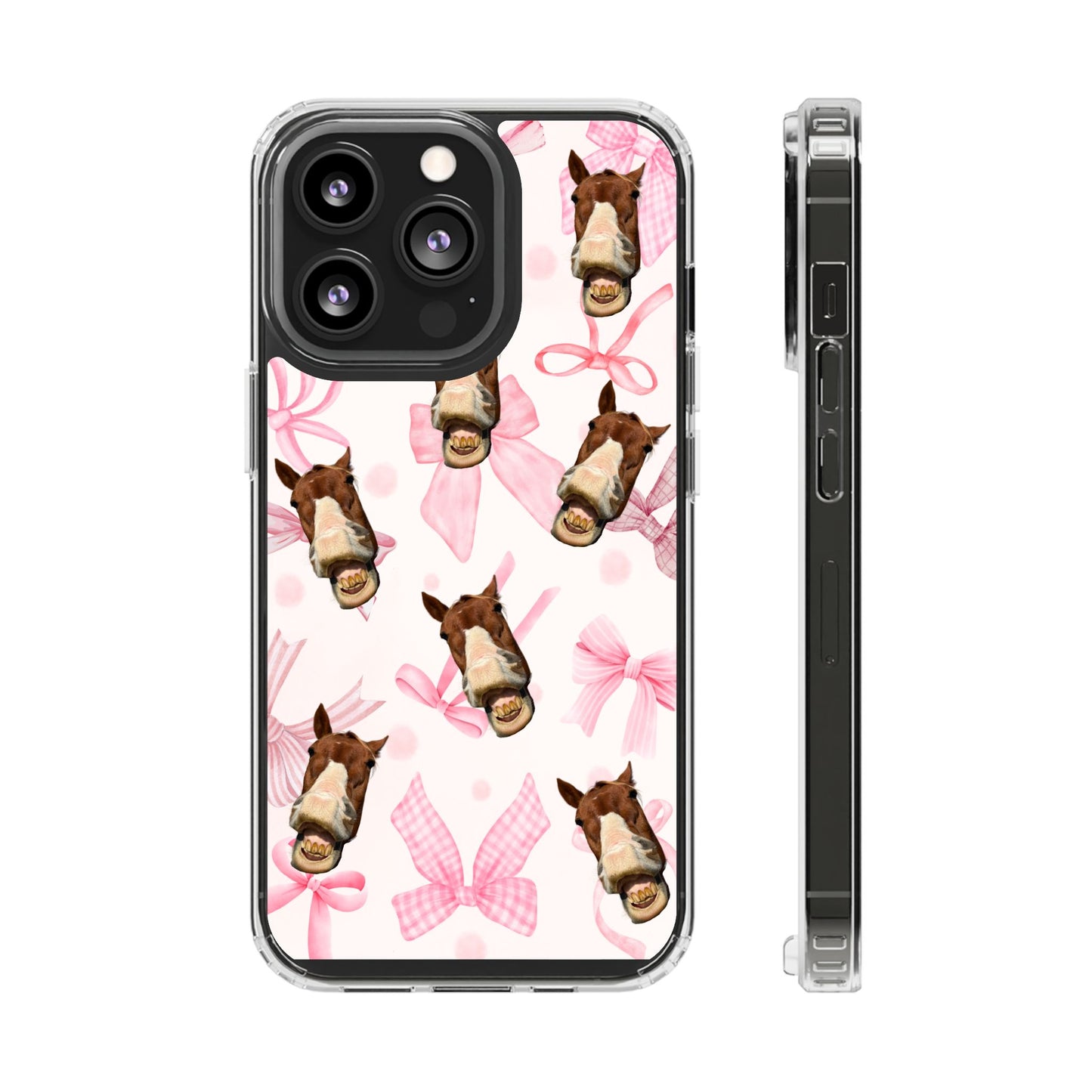 Horse Face Pattern Clear Magnetic Phone Case — Cute Pink Bows Design
