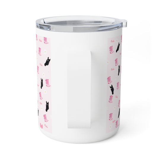10oz Insulated Coffee Mug — Cute Pink Western Boots & Black Cat Pattern