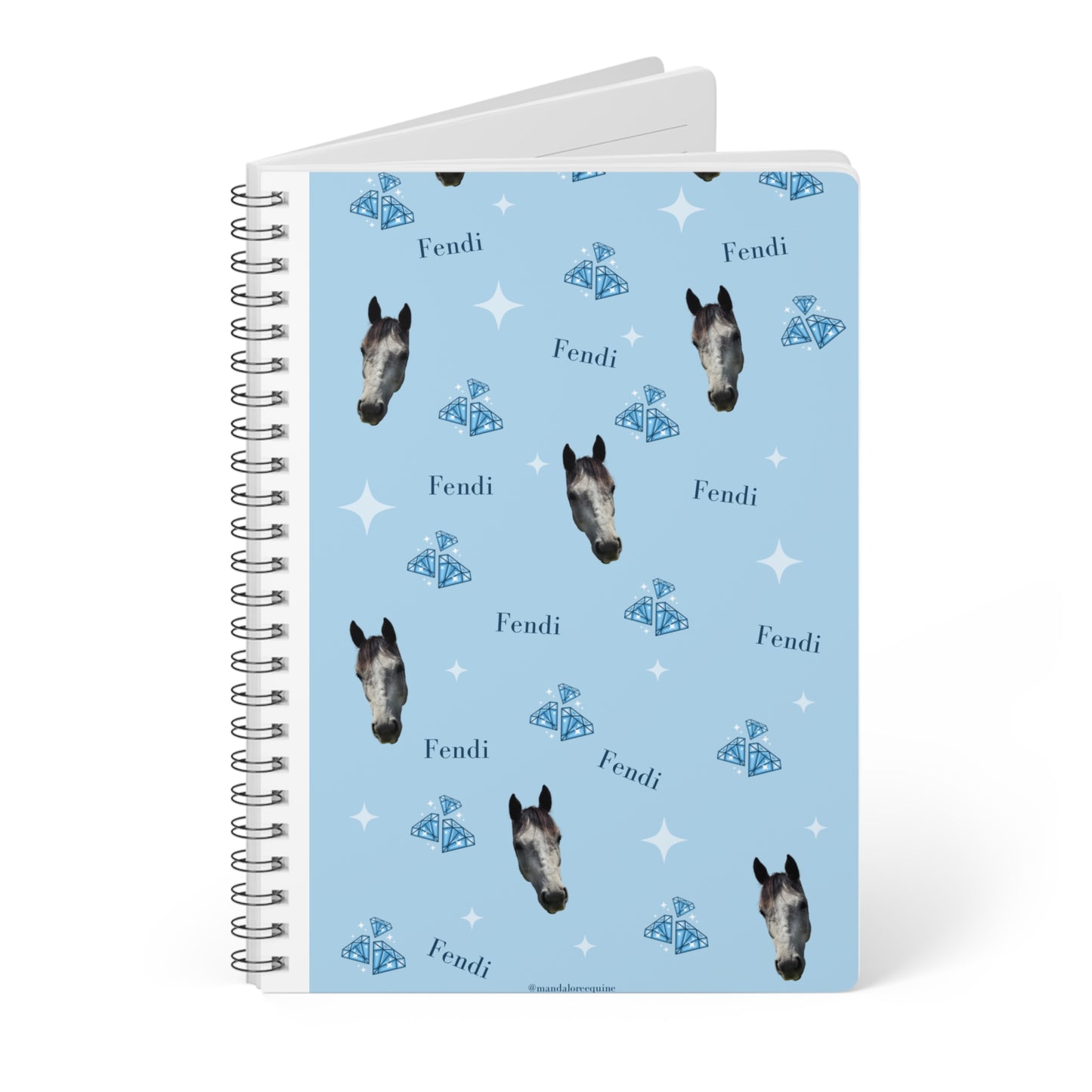 Horse Pattern A5 Spiral Notebook — Blue 'Fendi' Logo Design, Lined Journal
