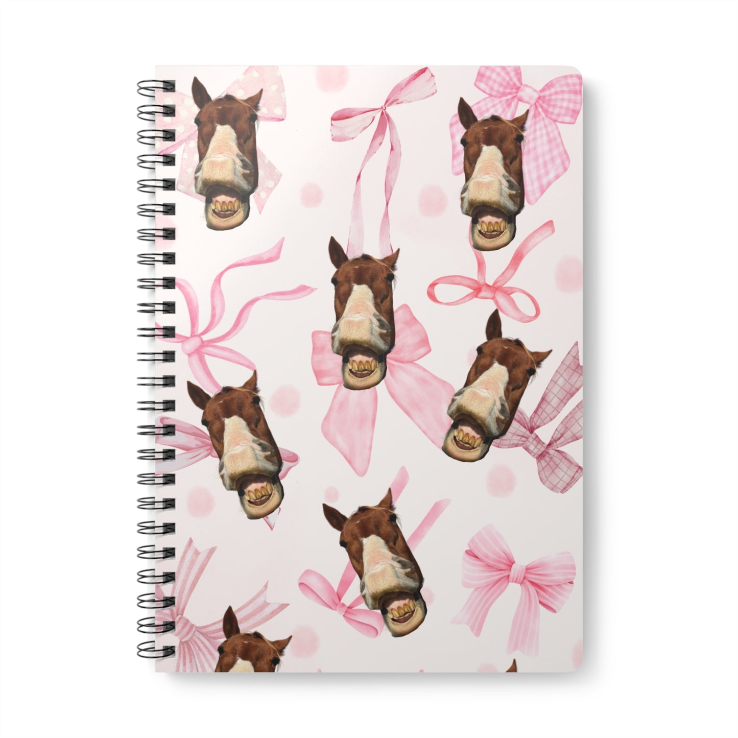 Horse Face & Pink Bows A5 Spiral Notebook — Cute Equine Pattern Journal