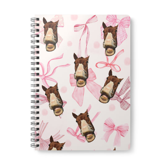 Horse Face & Pink Bows A5 Spiral Notebook — Cute Equine Pattern Journal