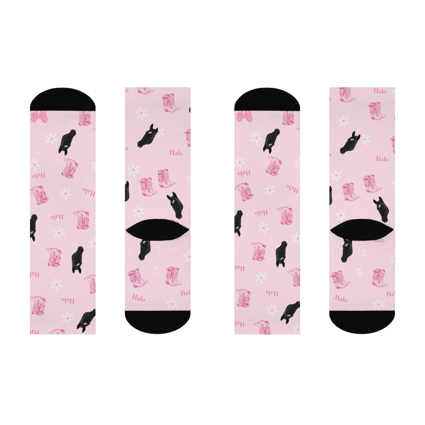 Pink Floral Horse Crew Socks — 'Halo' Black Horse Pattern Cushioned Socks