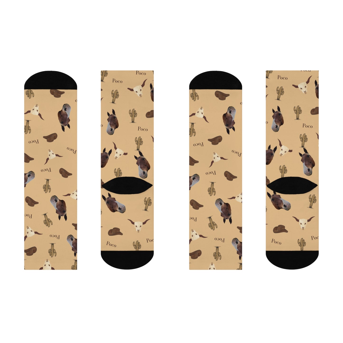 Western Horse Pattern Cushioned Crew Socks — Cowboy Hat, Cactus & 'Poco' Design