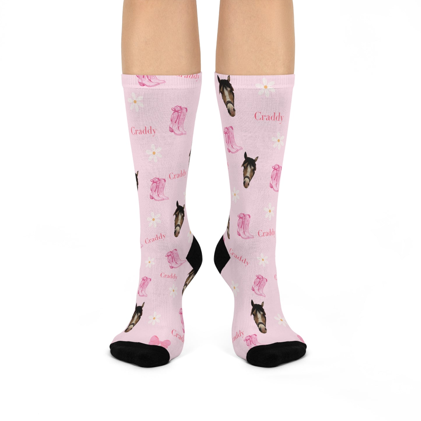 Pink Custom Horse Crew Socks — 'Craddy' Pattern Cushioned Cotton Socks