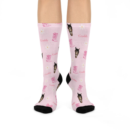 Pink Custom Horse Crew Socks — 'Craddy' Pattern Cushioned Cotton Socks