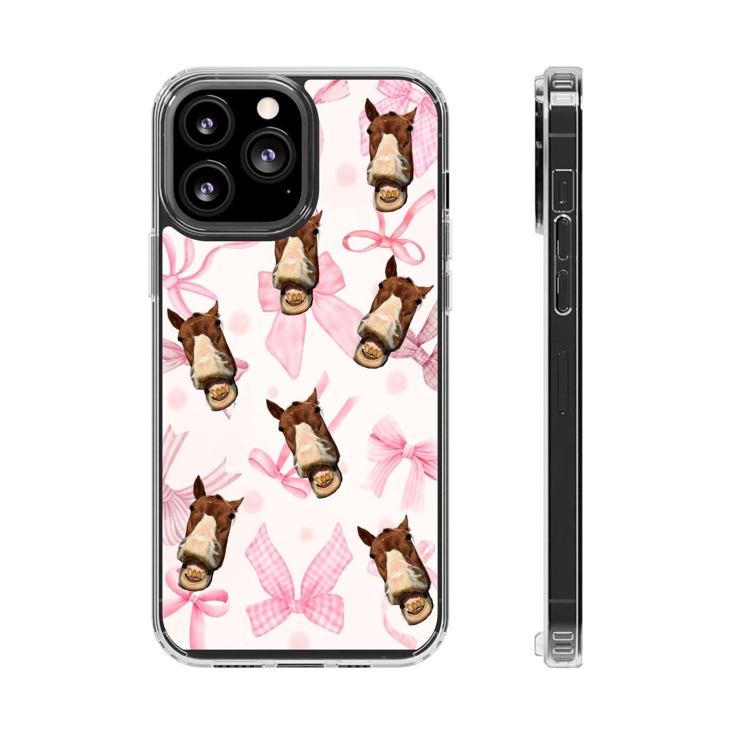 Horse Face Pattern Clear Magnetic Phone Case — Cute Pink Bows Design