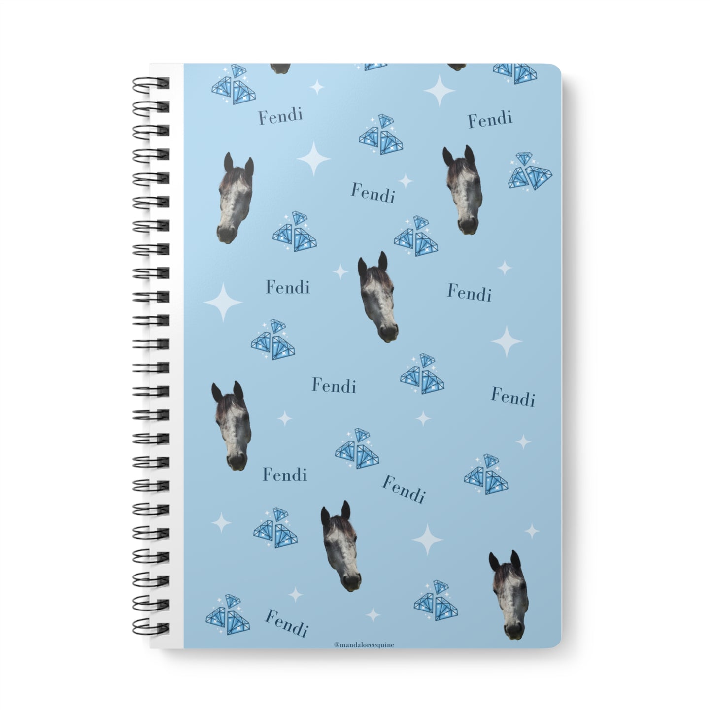 Horse Pattern A5 Spiral Notebook — Blue 'Fendi' Logo Design, Lined Journal