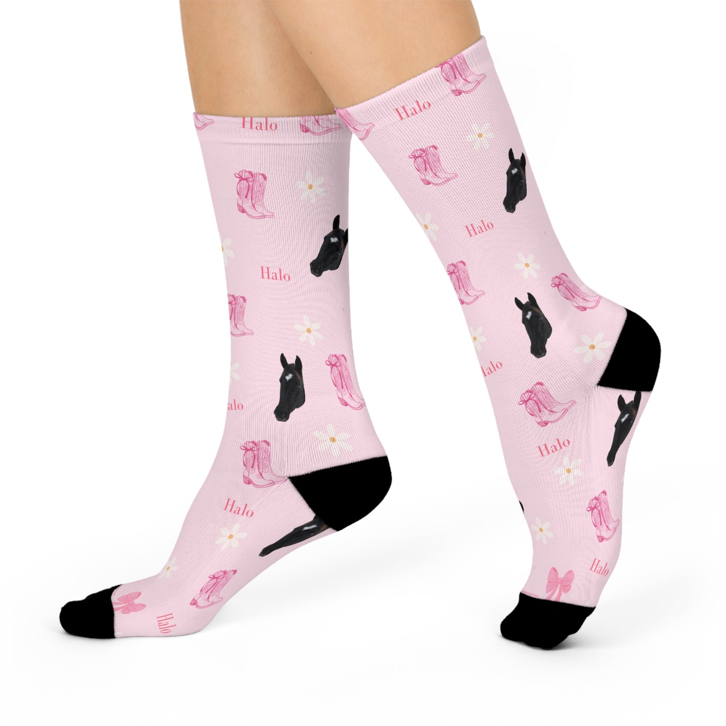 Pink Floral Horse Crew Socks — 'Halo' Black Horse Pattern Cushioned Socks