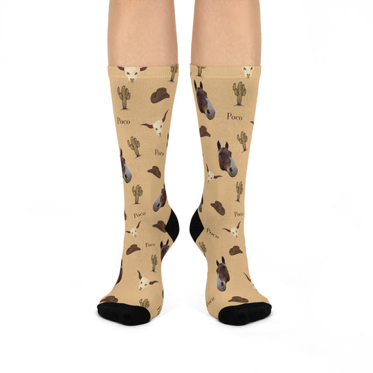 Western Horse Pattern Cushioned Crew Socks — Cowboy Hat, Cactus & 'Poco' Design