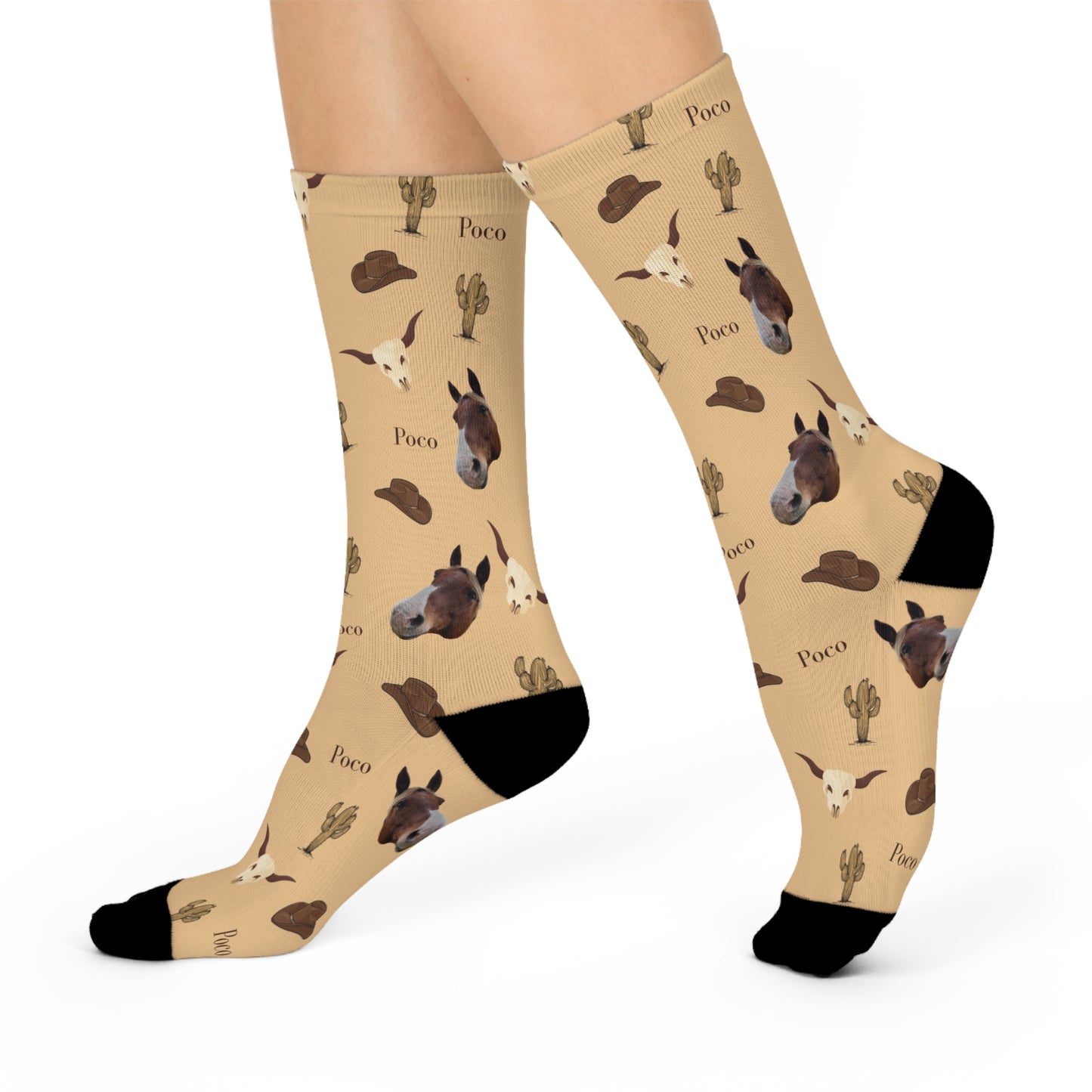 Western Horse Pattern Cushioned Crew Socks — Cowboy Hat, Cactus & 'Poco' Design