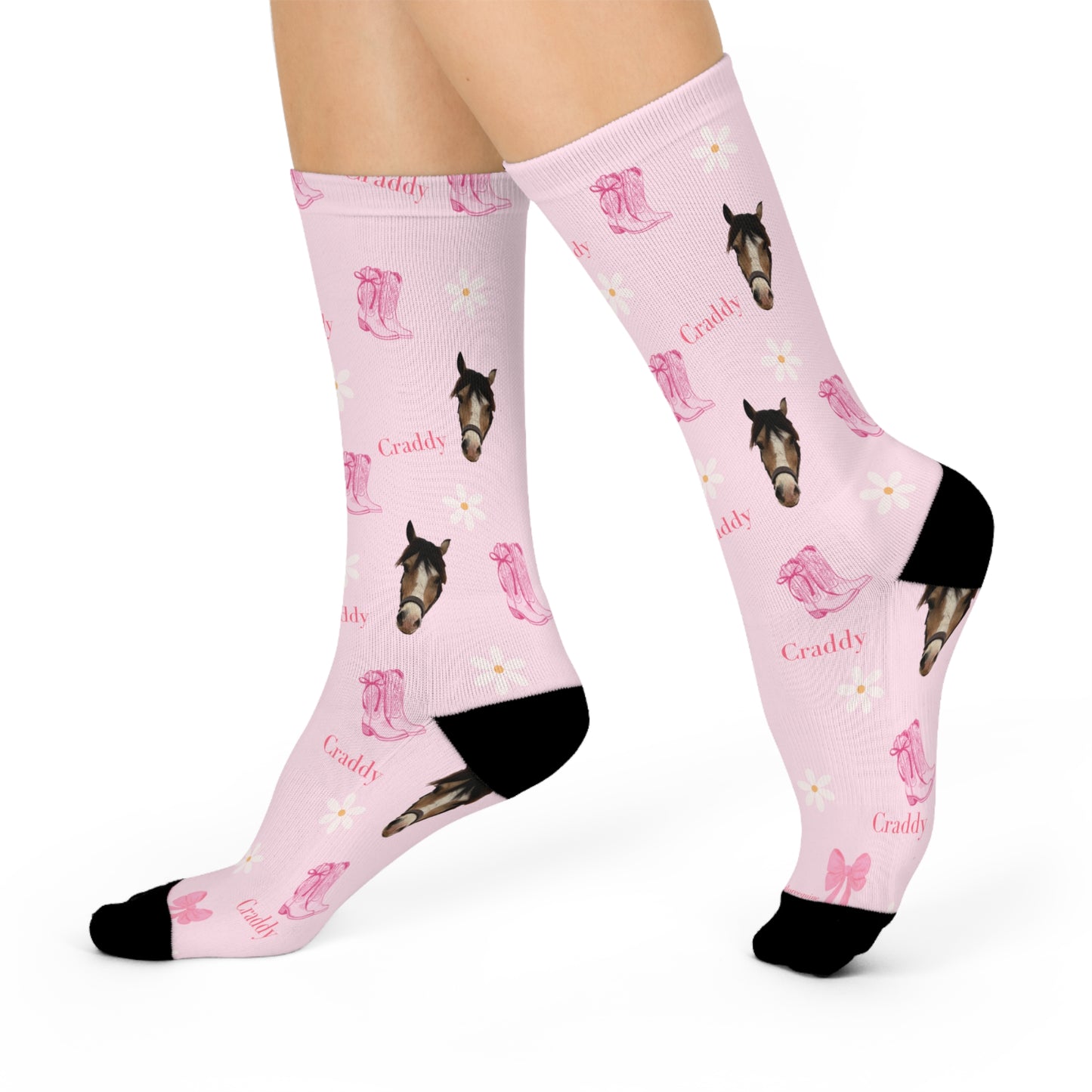 Pink Custom Horse Crew Socks — 'Craddy' Pattern Cushioned Cotton Socks