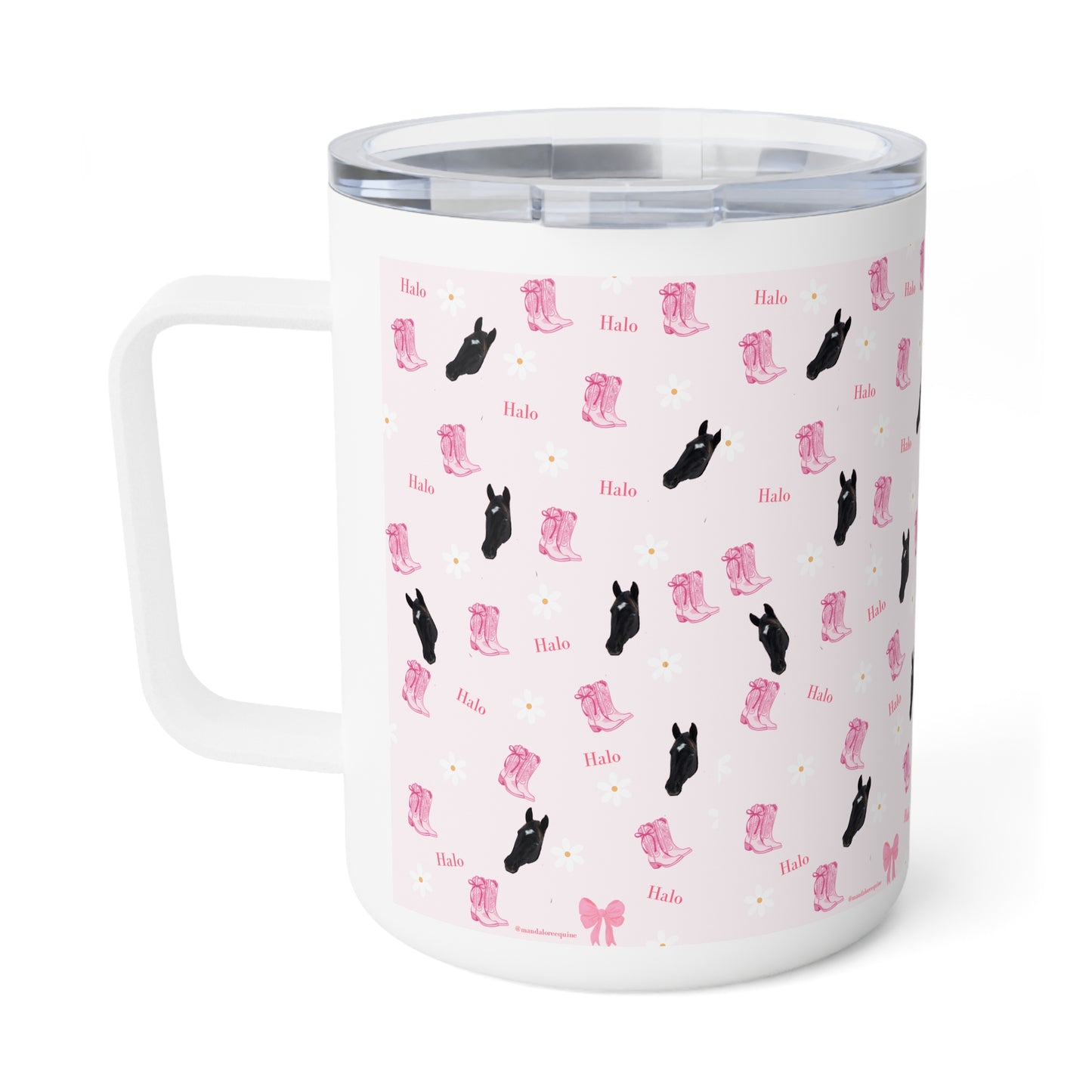 10oz Insulated Coffee Mug — Cute Pink Western Boots & Black Cat Pattern