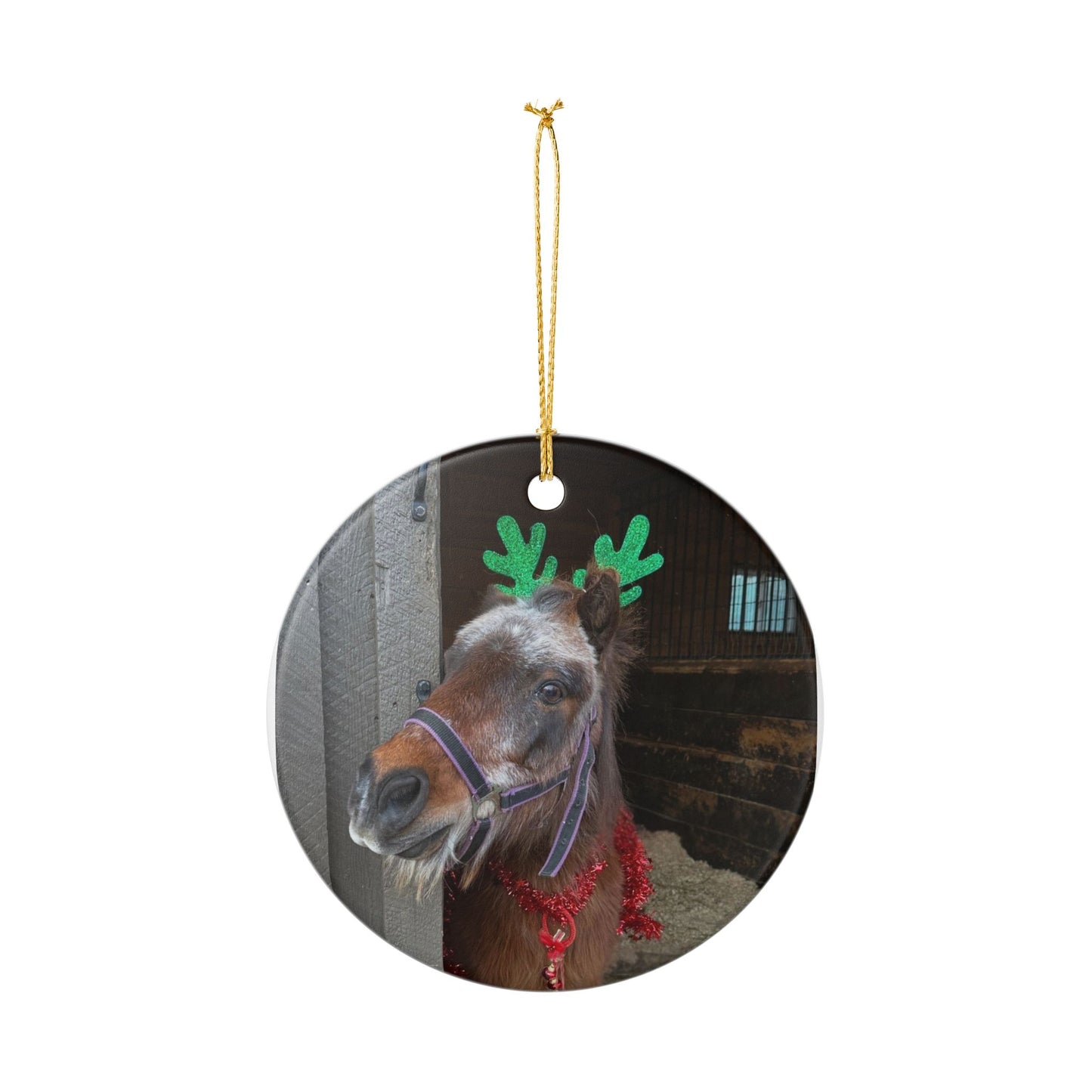 Reindeer Horse Photo Ceramic Ornament | Round Christmas Decoration