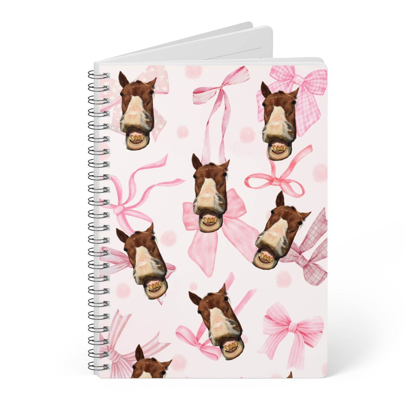 Horse Face & Pink Bows A5 Spiral Notebook — Cute Equine Pattern Journal
