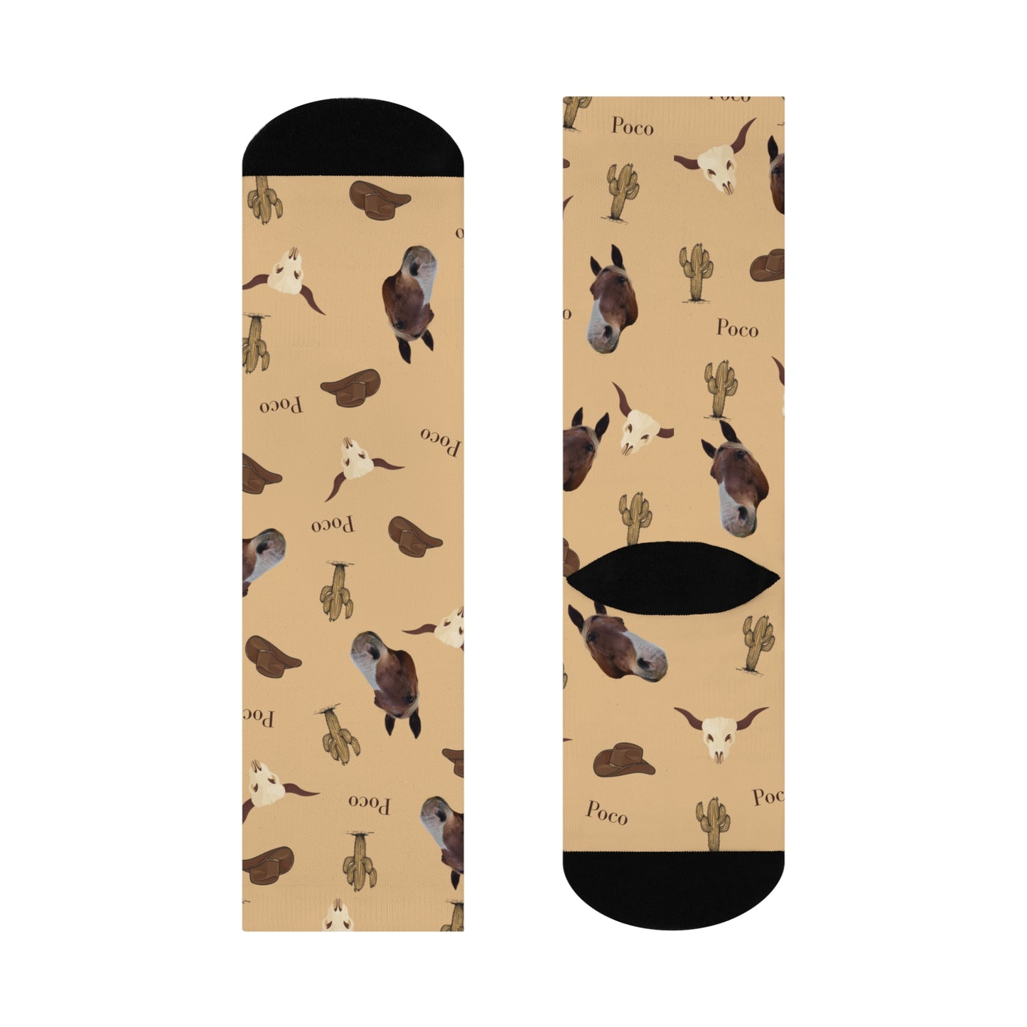 Western Horse Pattern Cushioned Crew Socks — Cowboy Hat, Cactus & 'Poco' Design