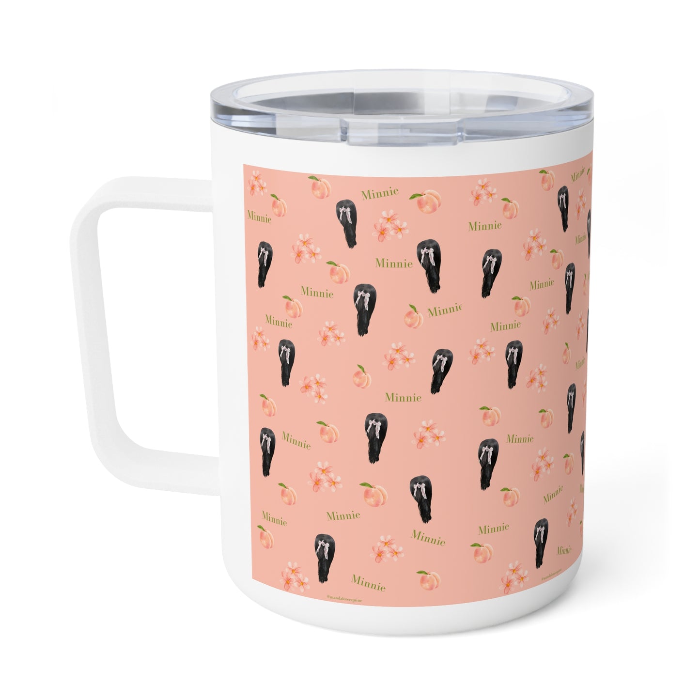 10oz Insulated Coffee Mug — Floral & Black Rose Pattern (Minnie Text)
