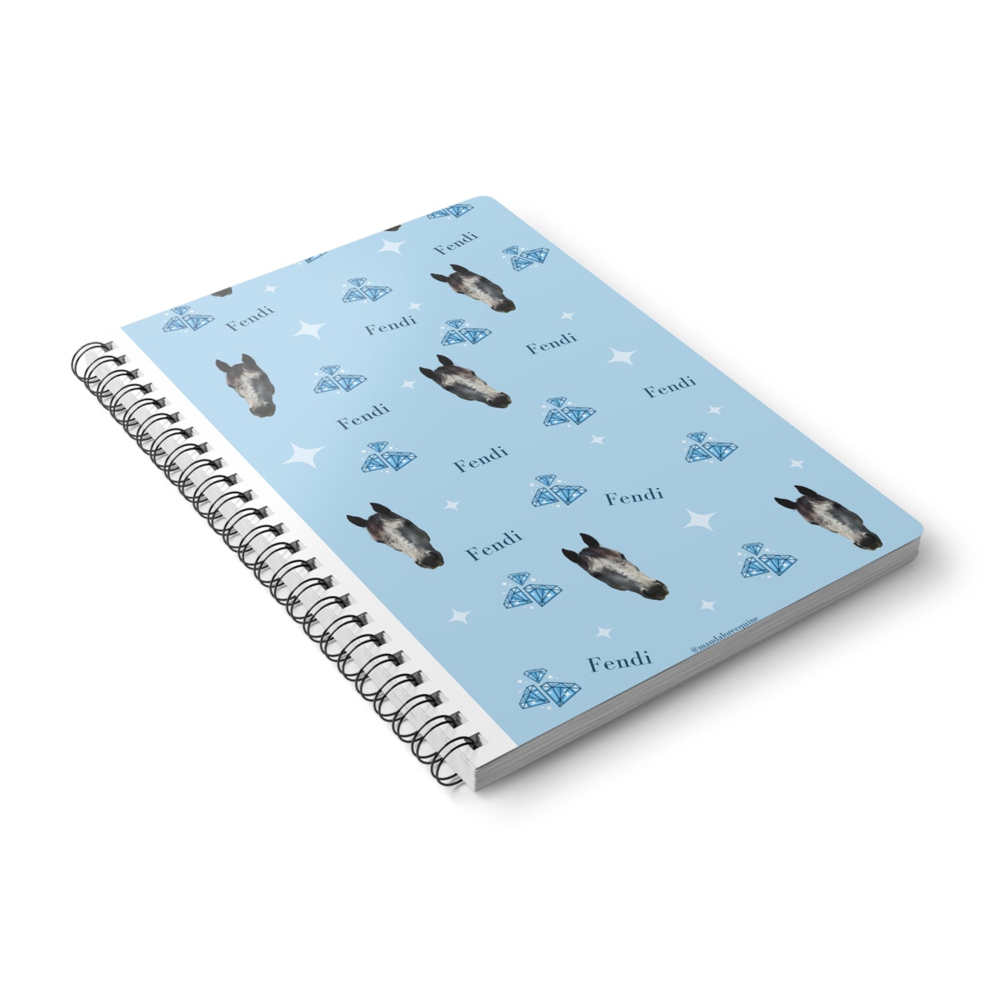 Horse Pattern A5 Spiral Notebook — Blue 'Fendi' Logo Design, Lined Journal