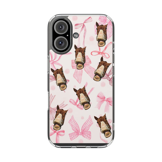 Horse Face Pattern Clear Magnetic Phone Case — Cute Pink Bows Design