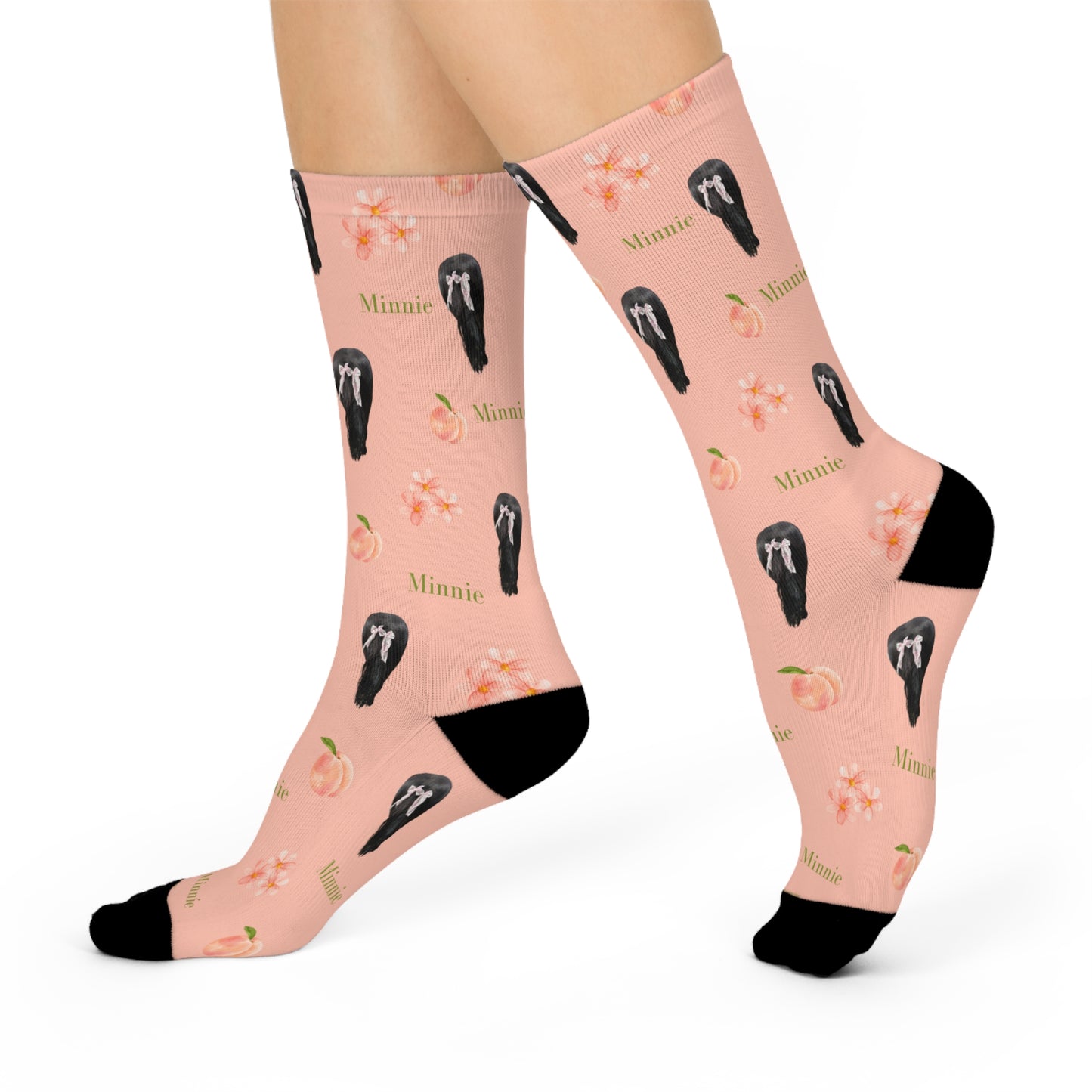 Minnie Floral Skull Crew Socks — Cushioned Pink Peach Blossom Socks