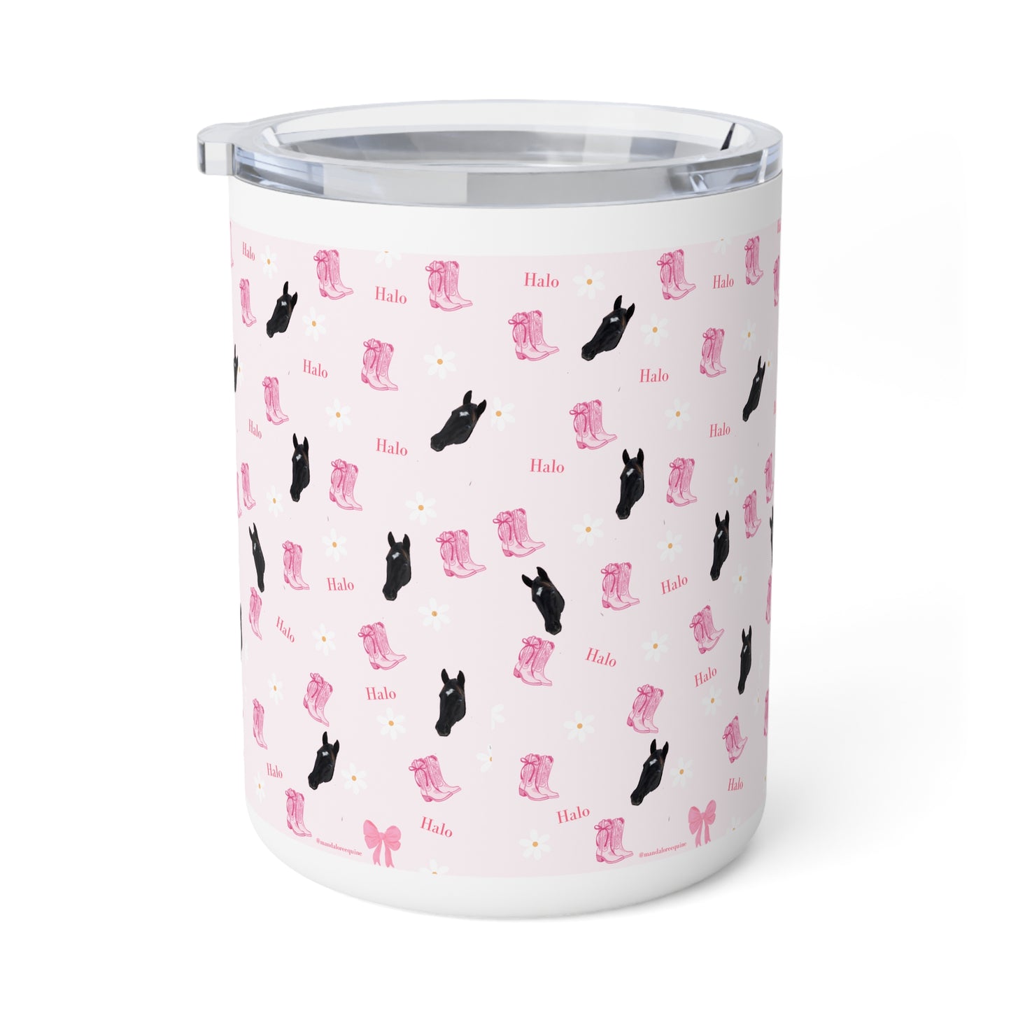 10oz Insulated Coffee Mug — Cute Pink Western Boots & Black Cat Pattern
