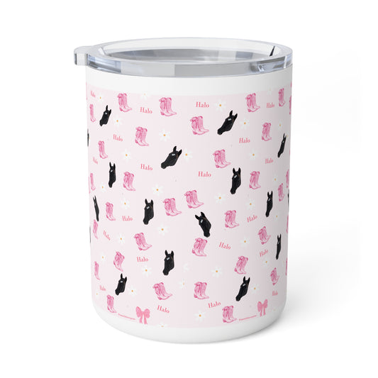 10oz Insulated Coffee Mug — Cute Pink Western Boots & Black Cat Pattern