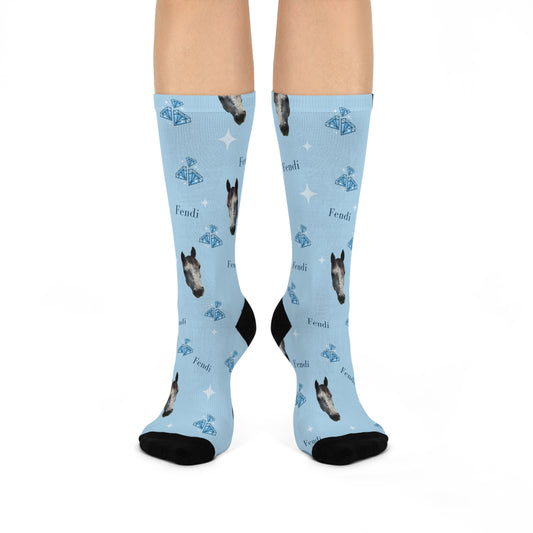 Blue Custom Crew Socks — Personalized Pet Face Pattern with Name